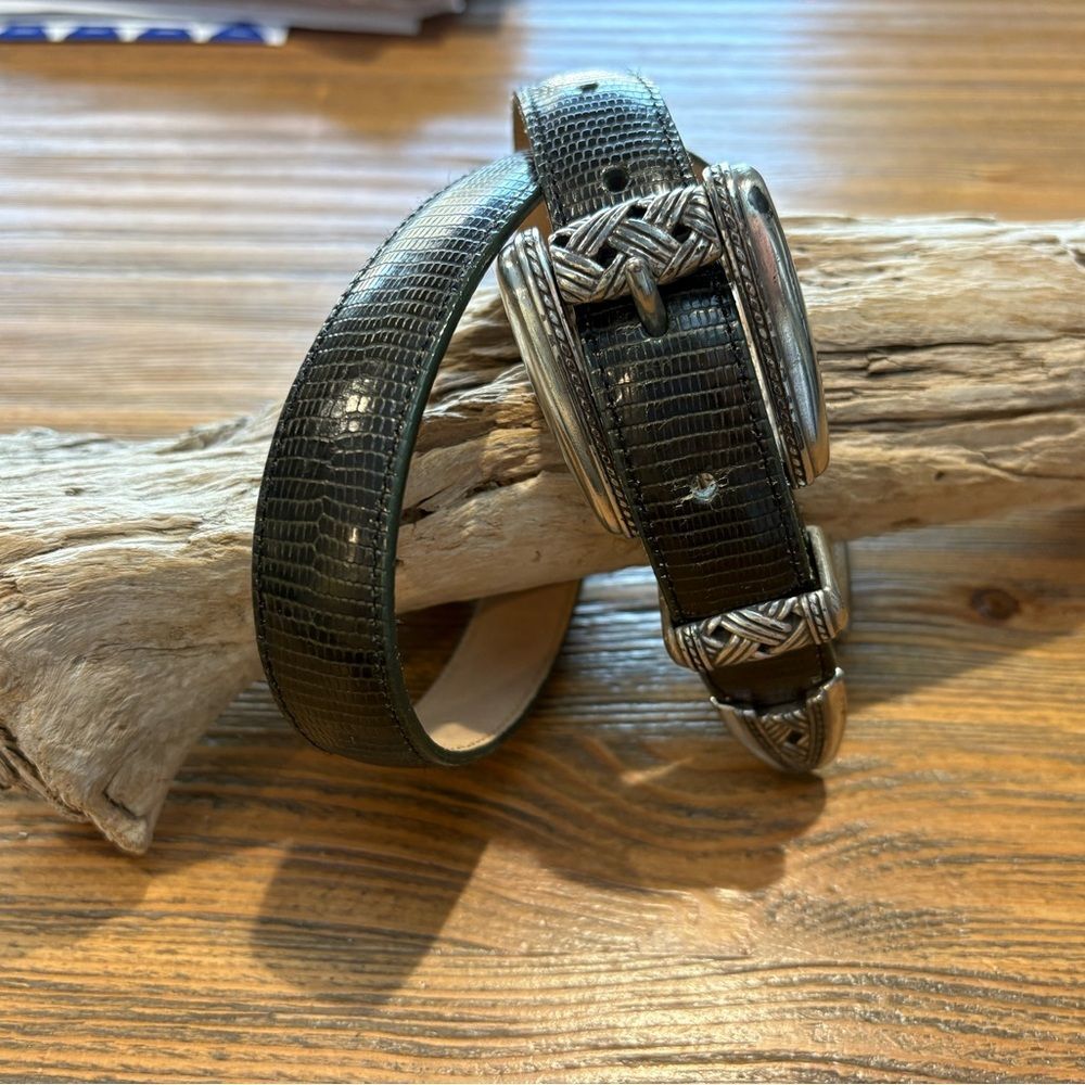 Brighton Black Lizard-Embossed Belt with Silver Accents